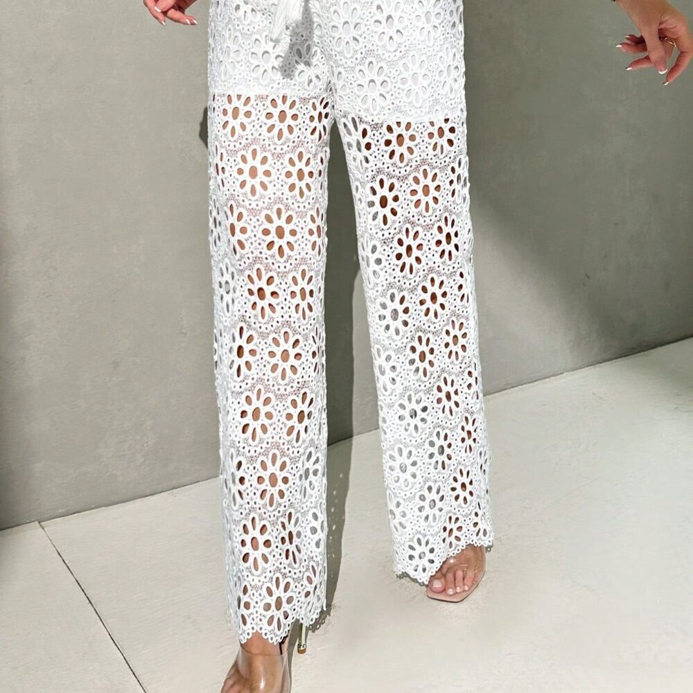 Beige Boho Women's Summer Vacation Beach Lace Crochet Hollow Out Wide Leg Pants - Picture 5 of 7